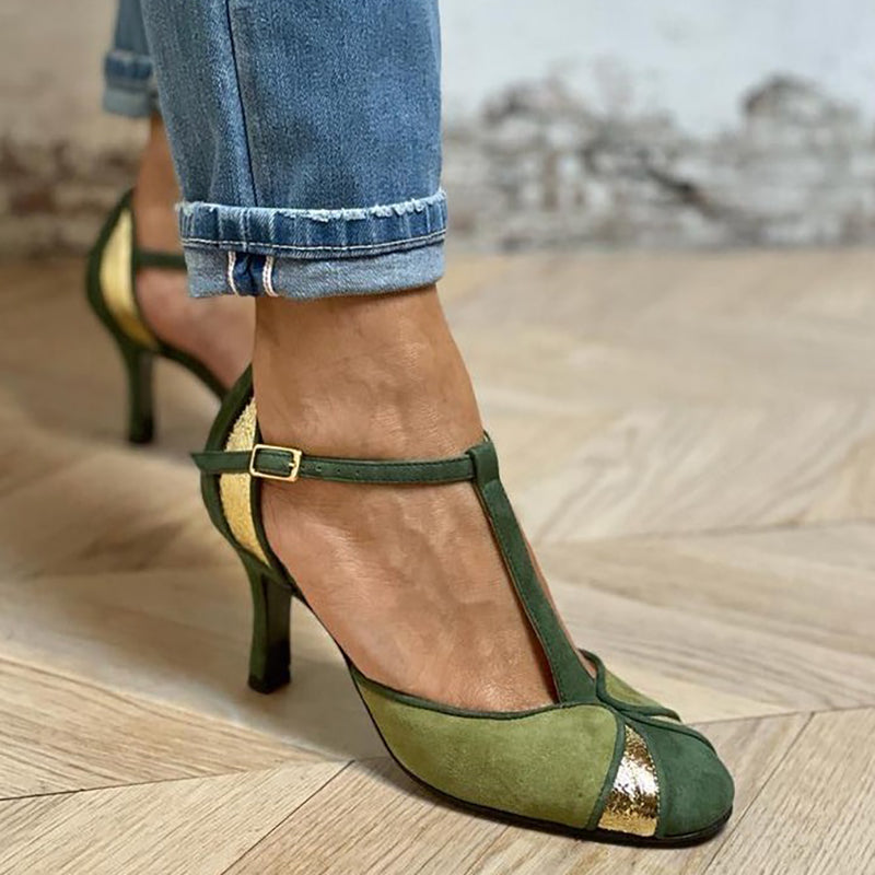 María - Tacones de patchwork con tira en T y puntera cerrada